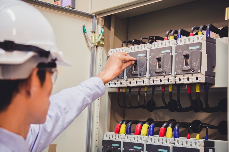 engineer is check voltage current by voltmeter control panel power plant